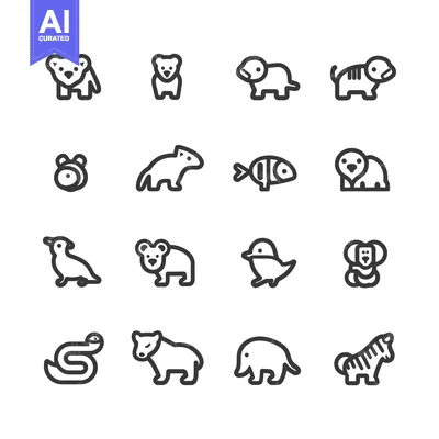 Set of Animal Icons in Black and White Outline Style