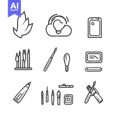 Aset premium populer: Set of Artistic Tools and Symbols in Outline Style