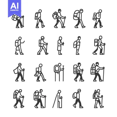 Aset premium populer: Set of Backpackers Hiking with Sticks and Backpacks