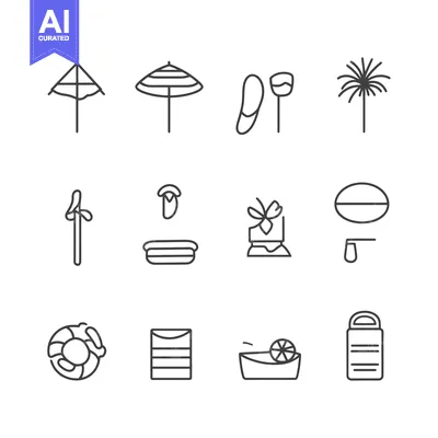 Set of Beach and Summer Vacation Icons in Line Style