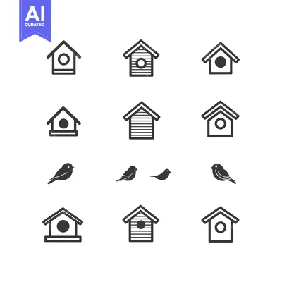 Set of Birdhouse and Bird Icons in Black and White