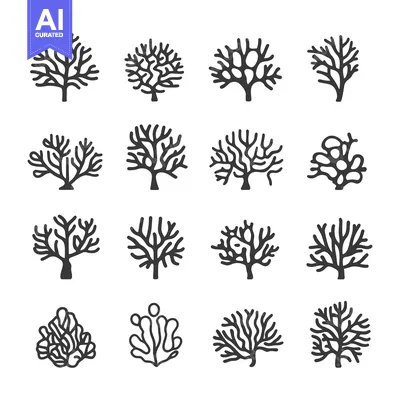 Set of black and white coral reef silhouettes