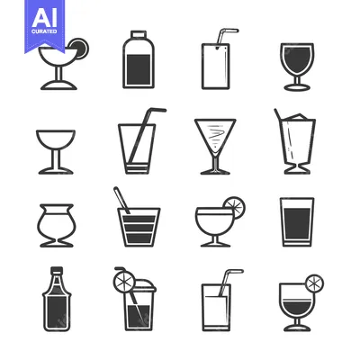 Set of Black and White Drink Icons with Straws and Lemon Slices