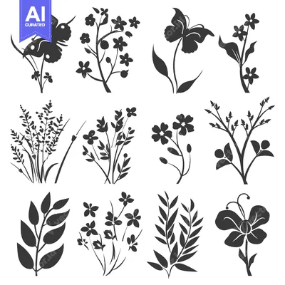 Aset premium populer: Set of Black and White Floral Silhouettes with a Butterfly