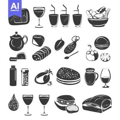Set of Black and White Food and Drink Icons