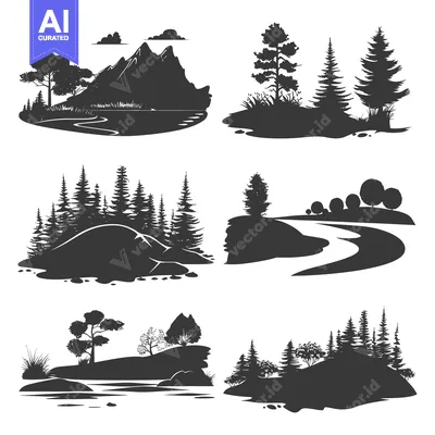 Set of Black and White Forest Silhouettes with Mountains, Trees, and R
