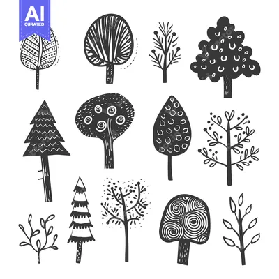 Aset premium populer: Set of Black and White Hand-Drawn Trees and Shrubs
