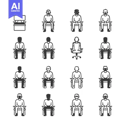 Set of Black and White Icons Depicting People Sitting in Chairs