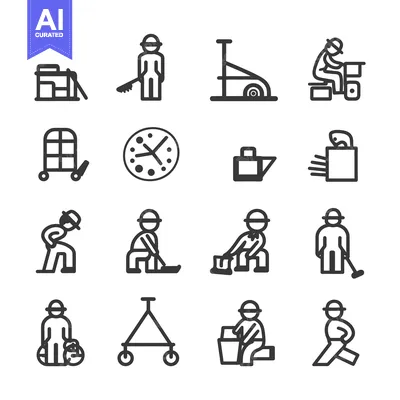 Set of Black and White Icons of People Cleaning and Maintaining