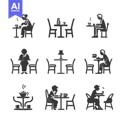 Set of Black and White Icons of People Drinking Tea or Coffee at a Tab