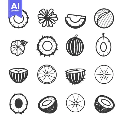 Aset desain premium: Set of black and white icons of tropical fruits