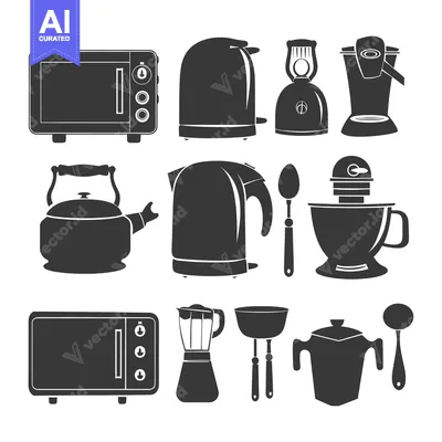 Set of Black and White Kitchen Appliances Silhouettes
