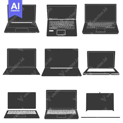 Aset premium populer: Set of Black and White Laptop Silhouettes in Different Positions