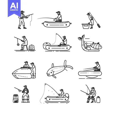 Set of black and white line art illustrations of people fishing
