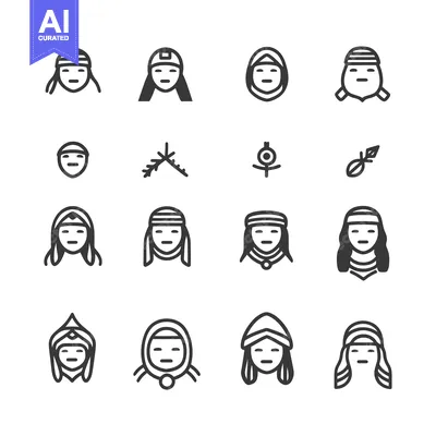 Aset desain premium: Set of Black and White Line Icons Depicting Traditional Indigenous Clo