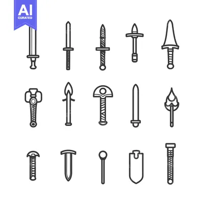 Aset premium populer: Set of Black and White Line Icons Depicting Various Weaponry and Tools
