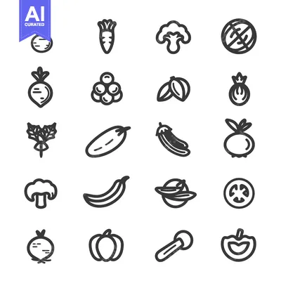 Aset desain premium: Set of Black and White Line Icons of Various Vegetables and Fruits