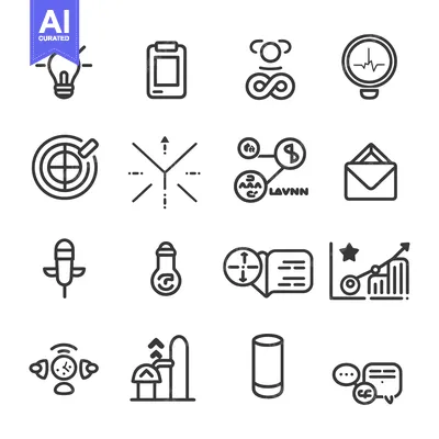Set of Black and White Line Icons Related to Business, Technology, and