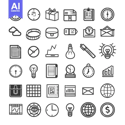 Aset premium populer: Set of Black and White Line Icons Related to Time, Business, and Finan