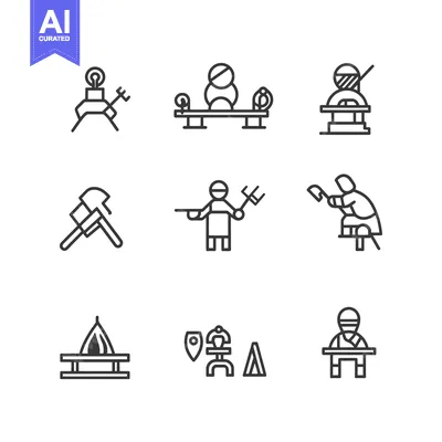 Aset desain premium: Set of Black and White Line Icons Representing Activities and Objects