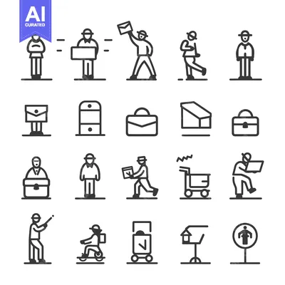 Set of Black and White Line Icons Representing Delivery and Transporta