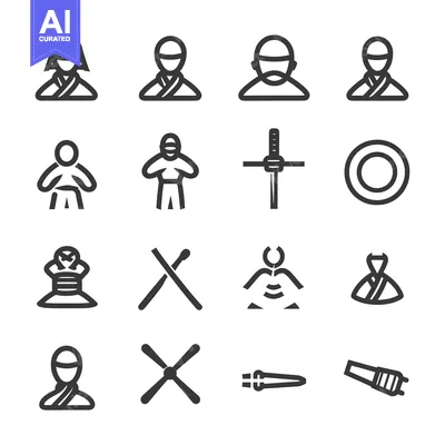 Set of Black and White Line Icons Representing Ninjas, Swords, and Oth