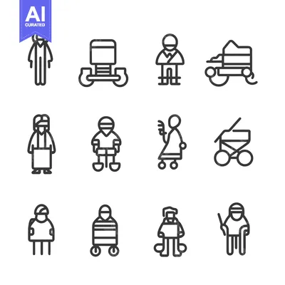 Set of Black and White Line Icons Representing People with Disabilitie