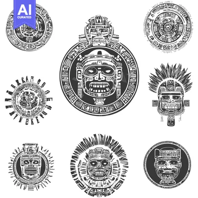Set of Black and White Mayan-Inspired Masks with Intricate Designs