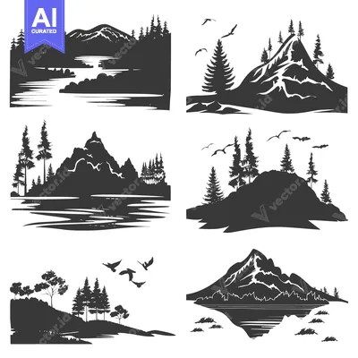 Aset premium populer: Set of Black and White Mountain Landscape Silhouettes