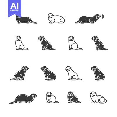 Aset desain premium: Set of Black and White Otter Icons in Different Poses