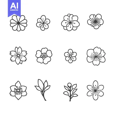 Premium design asset: Set of Black and White Outline Drawings of Flowers and Branches