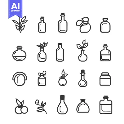 Set of Black and White Outline Icons of Bottles and Plants