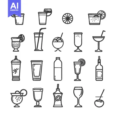 Premium design asset: Set of Black and White Outline Icons of Different Drinks
