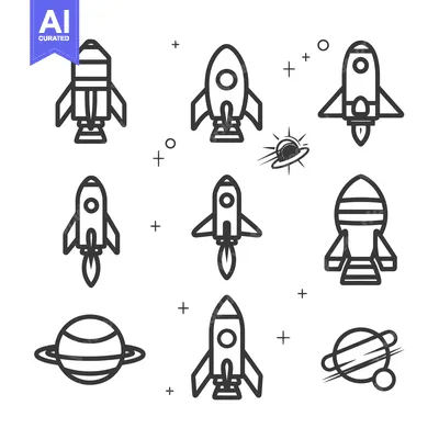 Aset premium populer: Set of Black and White Outline Rocket and Planet Icons