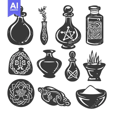 Set of Black and White Potion Bottles, Vases, and Bowls