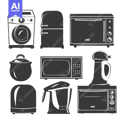 Set of Black and White Silhouette Kitchen Appliances
