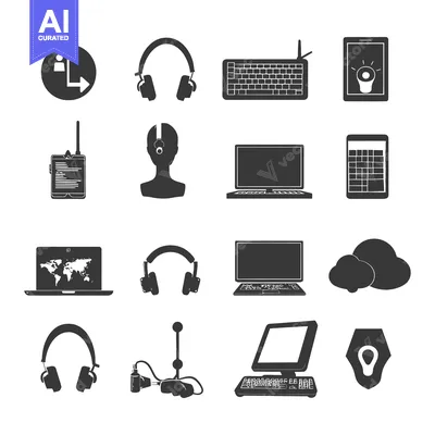 Aset desain premium: Set of Black and White Silhouettes of Computer Hardware and Accessorie