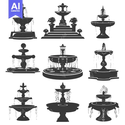 Aset desain premium: Set of Black and White Silhouettes of Different Water Fountains