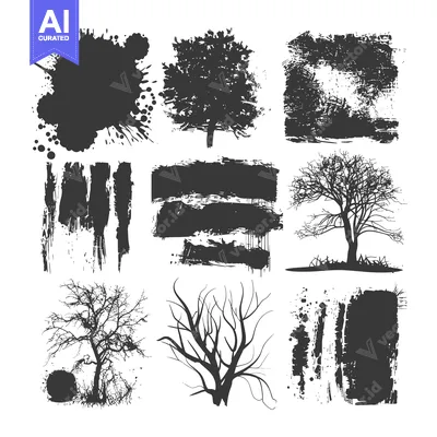 Set of Black and White Tree Silhouettes and Abstract Ink Splatters