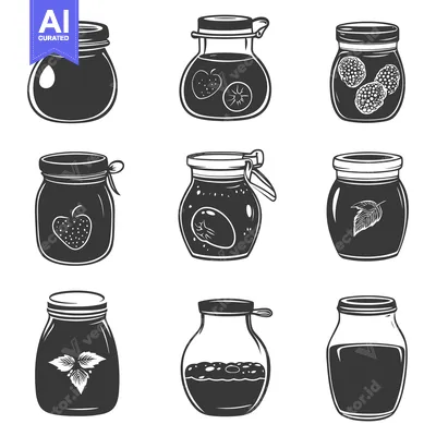 Set of Black and White Vintage Glass Jars with Jam and Fruits