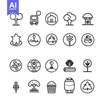 Aset desain premium: Set of Black Line Icons on a White Background Related to Nature and Ec