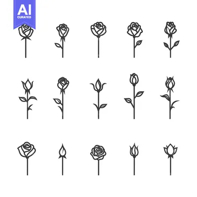 Aset desain premium: Set of black rose bud and bloom icons in various stages