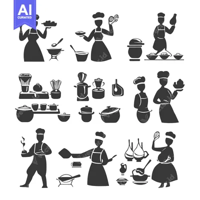 Set of Black Silhouette Icons with Chefs and Cooking Utensils