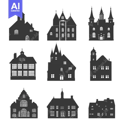 Set of Black Silhouettes of Different Houses with Windows and Doors