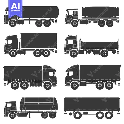 Set of Black Silhouettes of Different Types of Semi-trailer Trucks