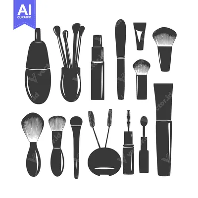 Aset desain premium: Set of Black Silhouettes of Makeup Brushes and Products