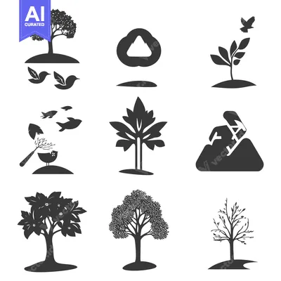 Aset desain premium: Set of Black Silhouettes of Trees and Birds