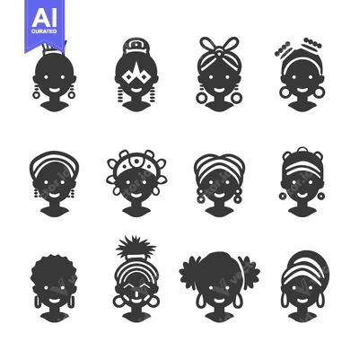 Set of Black Women's Hairstyles and Headwear Icons