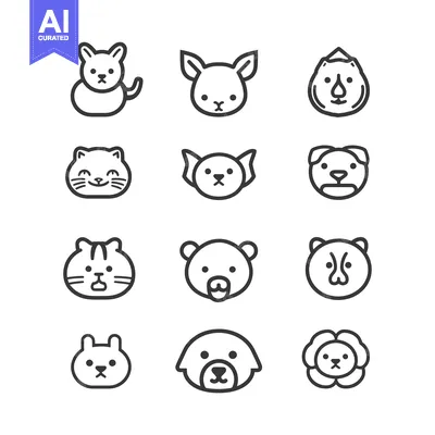 Set of Cartoon Animal Head Icons in Line Art Style