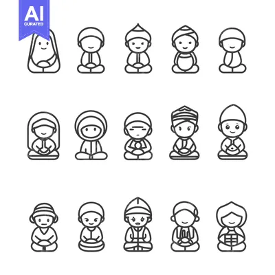 Premium design asset: Set of Cartoon Characters in Traditional Clothing Sitting in a Meditat